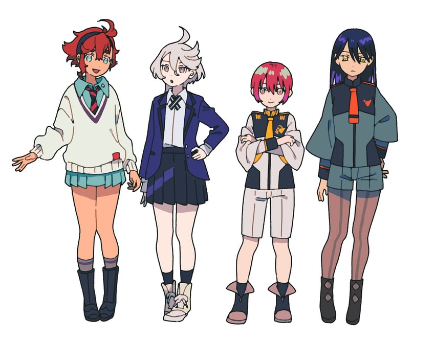 suletta mercury, miorine rembran, amate yuzuriha, and nyaan (gundam and 2 more) drawn by dou_(mame_eee)