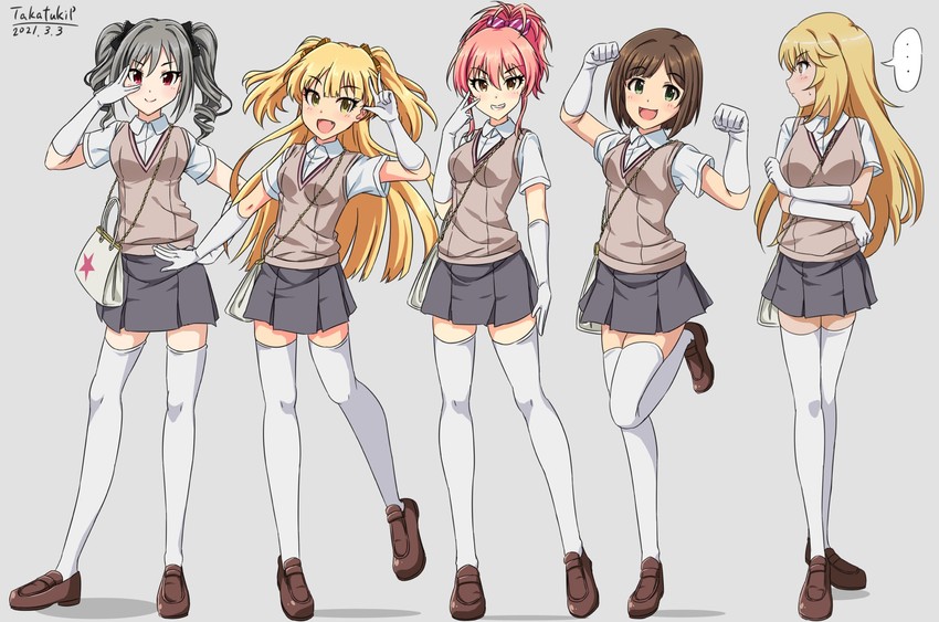 jougasaki mika, kanzaki ranko, shokuhou misaki, jougasaki rika, and maekawa miku (idolmaster and 3 more) drawn by takatsuki_p
