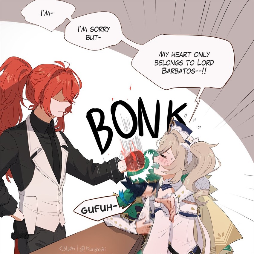 venti, barbara, and diluc (genshin impact) drawn by kuroha_ai
