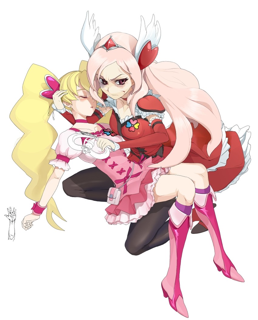 higashi setsuna, momozono love, cure peach, and cure passion (precure and 1 more) drawn by moudoku_(decopon3rd)
