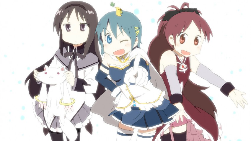 akemi homura, miki sayaka, sakura kyoko, and kyubey (mahou shoujo madoka magica and 1 more) drawn by sorimachi-doufu