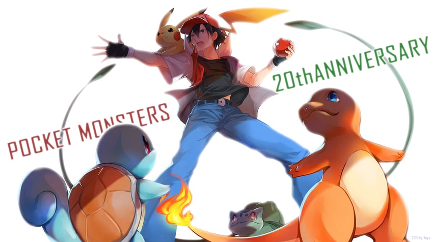 pikachu, red, bulbasaur, squirtle, and charmander (pokemon and 1 more) drawn by koya10305