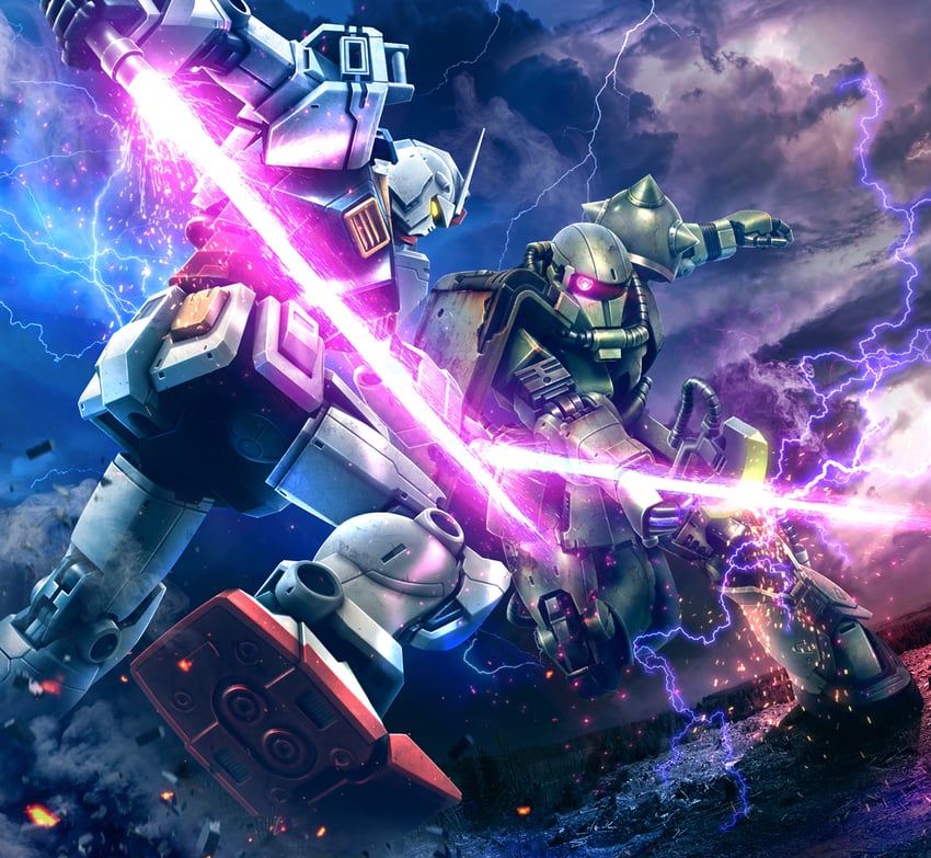 rx-78-2 gundam and zaku ii (gundam and 2 more) drawn by hiropon_(tasogare_no_puu)