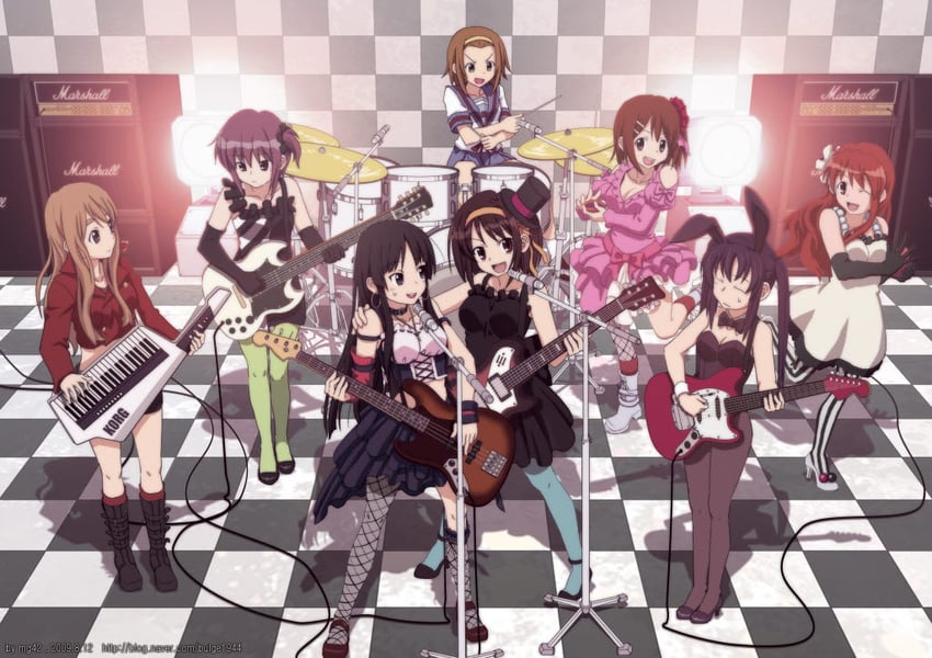 suzumiya haruhi, akiyama mio, nakano azusa, nagato yuki, hirasawa yui, and 3 more (k-on! and 2 more) drawn by bulge1944