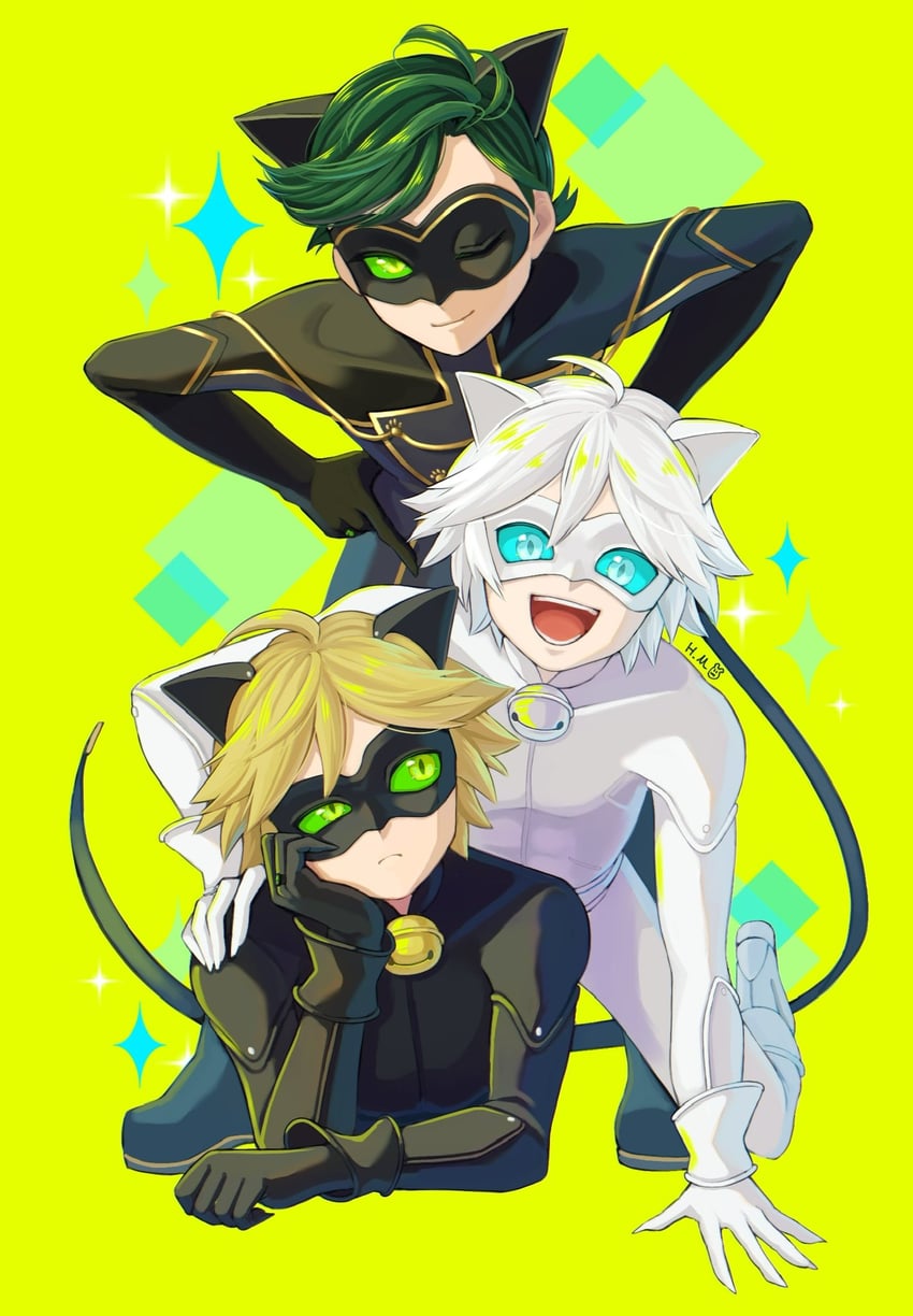 adrien agreste, chat noir, chat blanc, and chat walker (miraculous ladybug) drawn by hm89509321