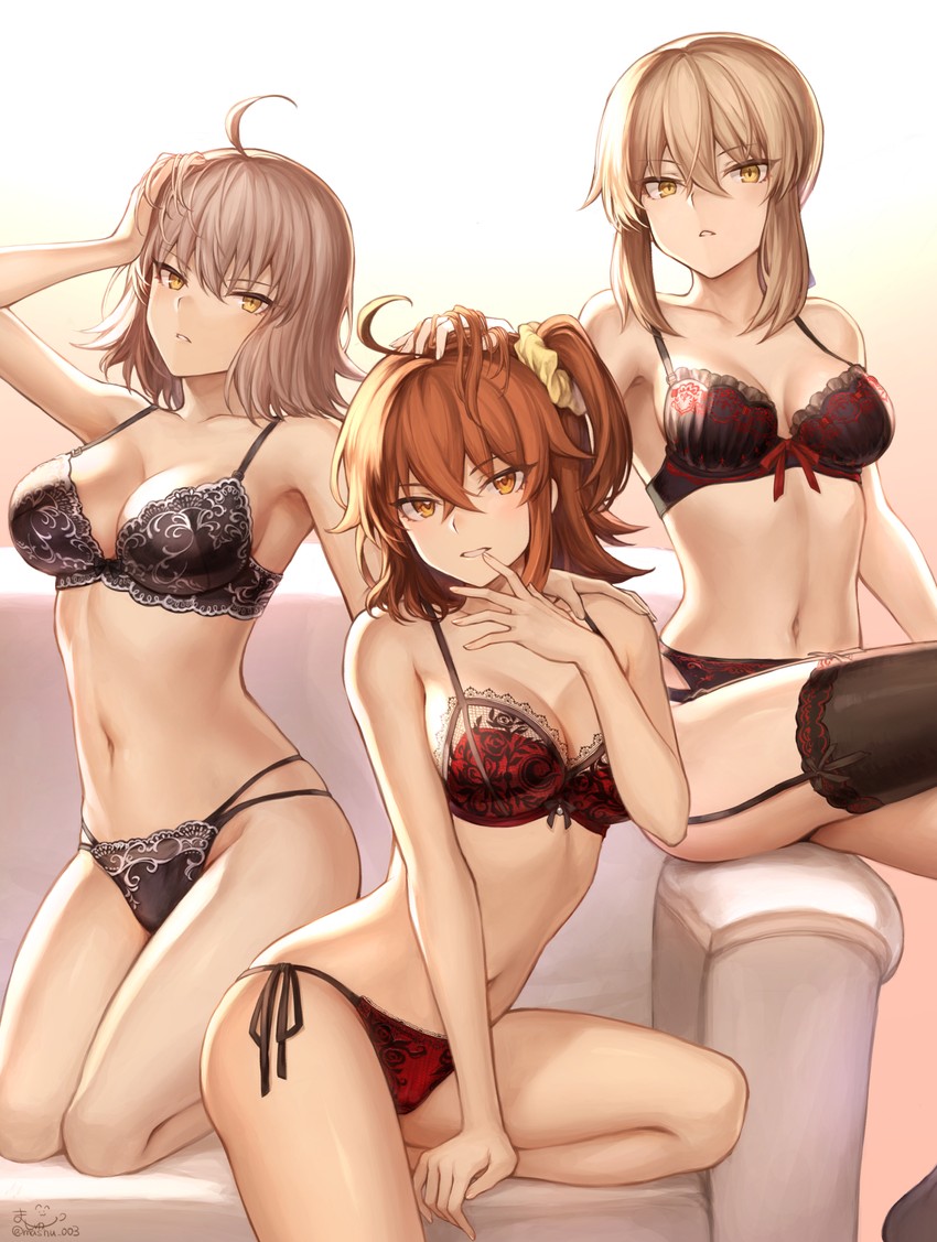 artoria pendragon, fujimaru ritsuka, jeanne d'arc alter, and saber alter (fate and 1 more) drawn by mashutarou_(neko_no_oyashiro)