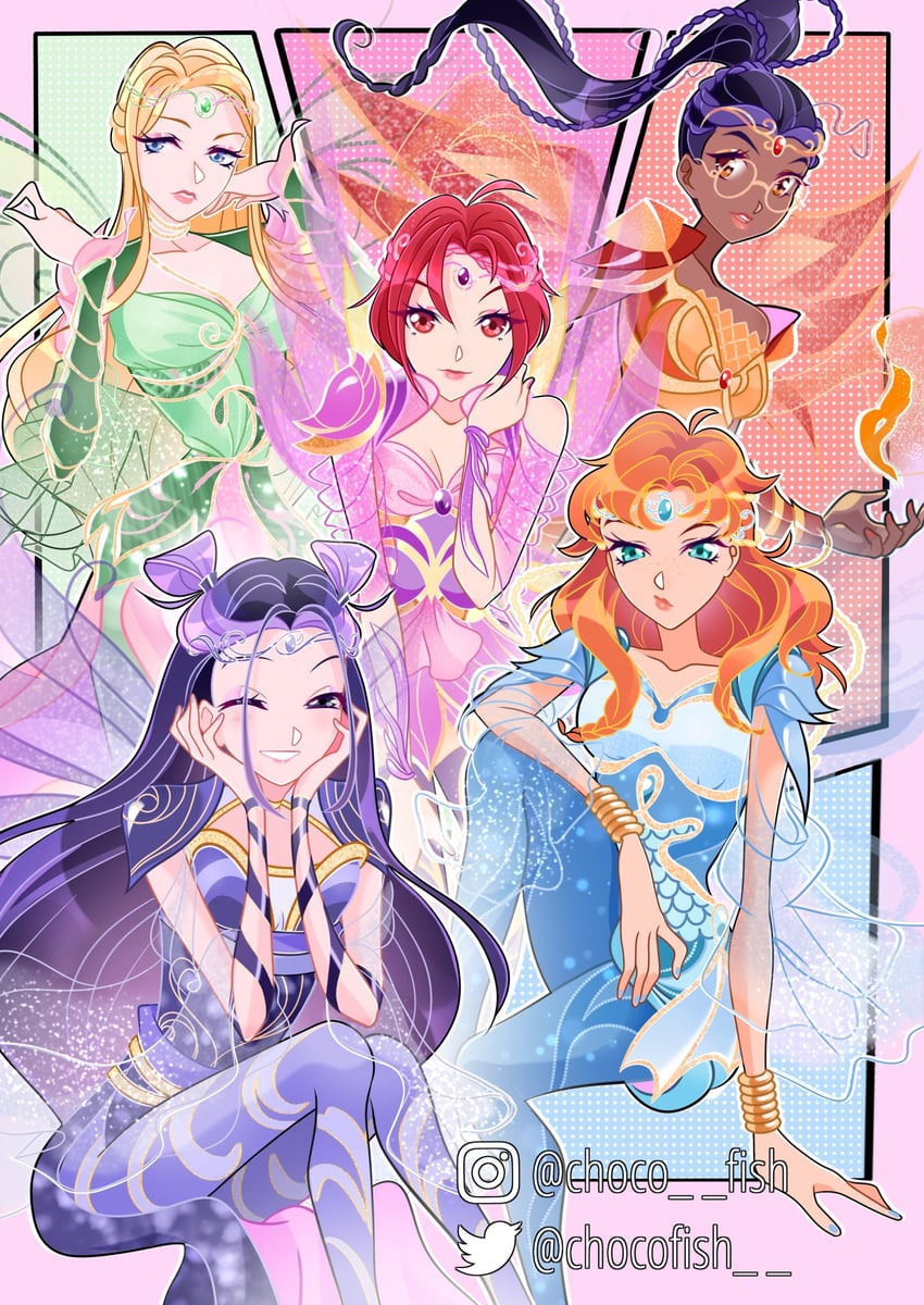 will vandom, irma lair, cornelia hale, taranee cook, and hay lin (winx club and 1 more) drawn by chocofish
