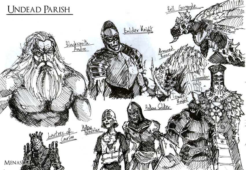 knight lautrec of carim, hollow, tower knight, andre of astora, channeler, and 3 more (dark souls and 1 more) drawn by menaslg