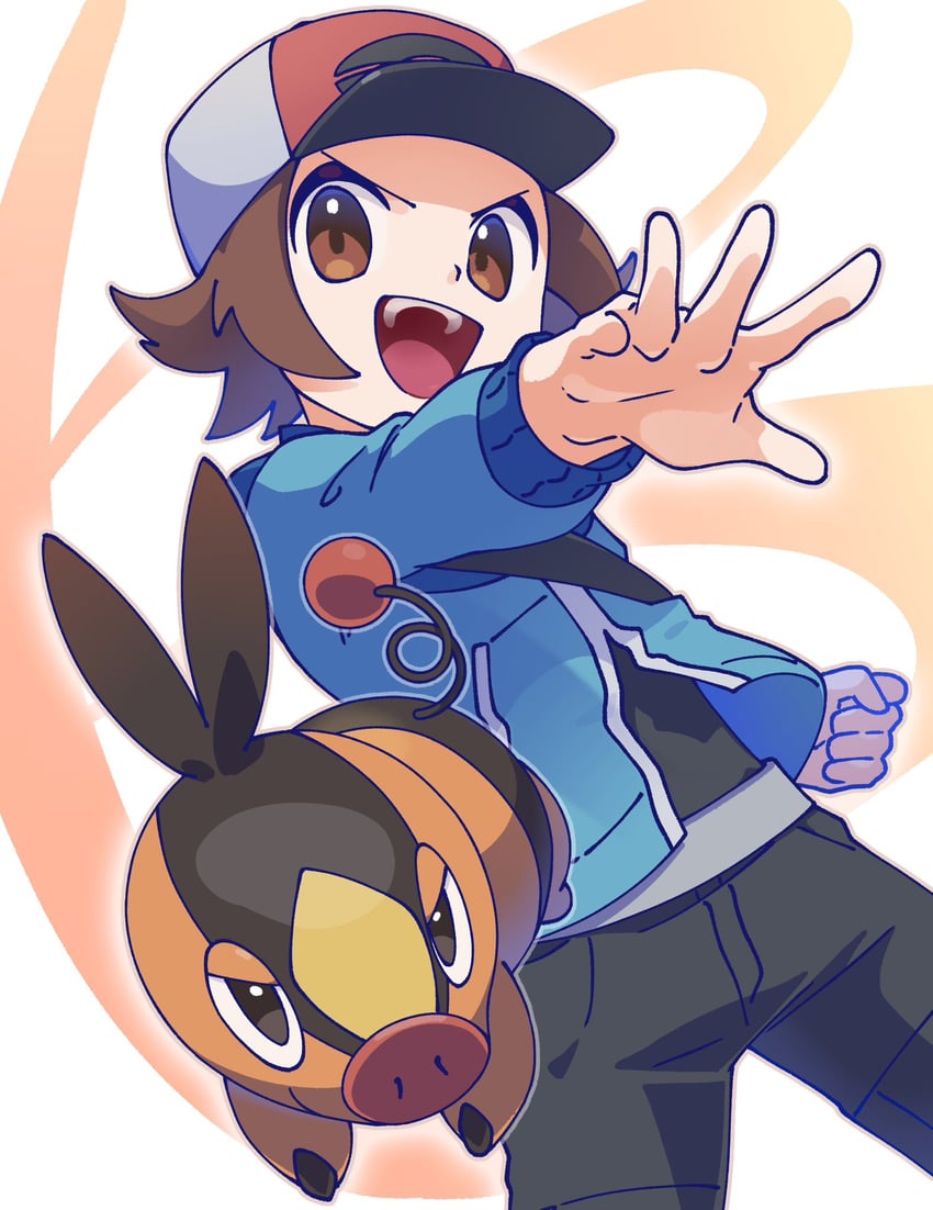 hilbert and tepig (pokemon and 1 more) drawn by omochi_(omotimotittona3)