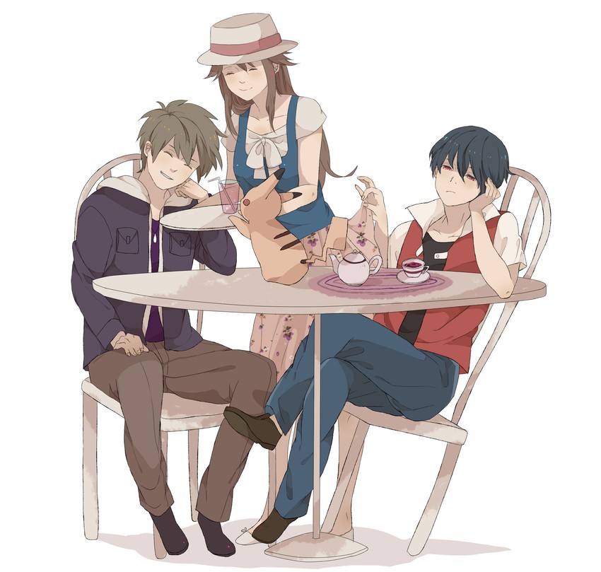 pikachu, red, blue oak, leaf, and pixiv red (pokemon and 3 more) drawn by mata_tabi