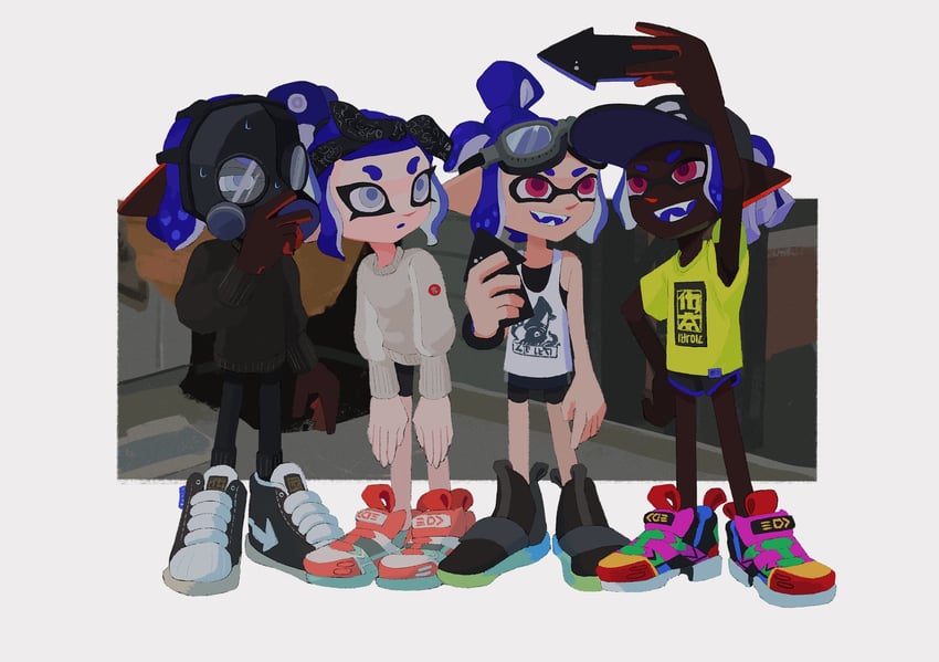 inkling player character, inkling girl, octoling player character, and octoling girl (splatoon) drawn by hyper_chikuwabu