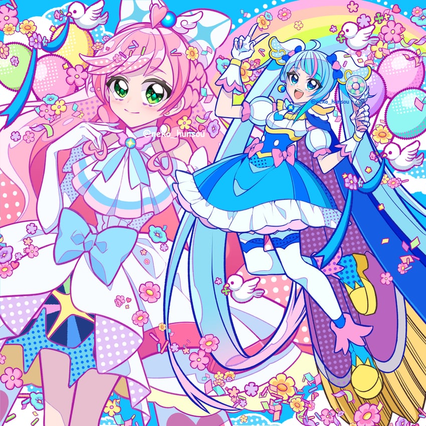 sora harewataru, nijigaoka mashiro, cure sky, and cure prism (precure and 1 more) drawn by neko_hunsou