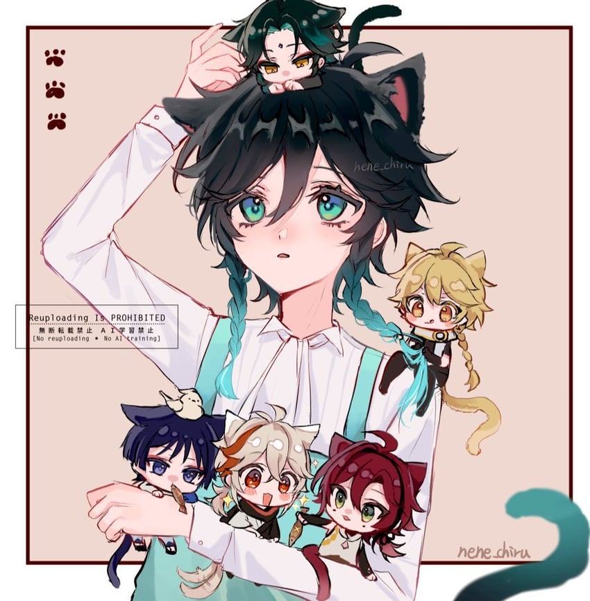 scaramouche, aether, wanderer, venti, xiao, and 2 more (genshin impact) drawn by nene_chiru