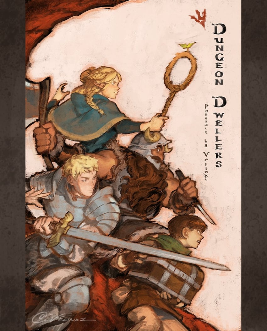 marcille donato, laios touden, senshi, and chilchuck tims (dungeon meshi) drawn by velinxi