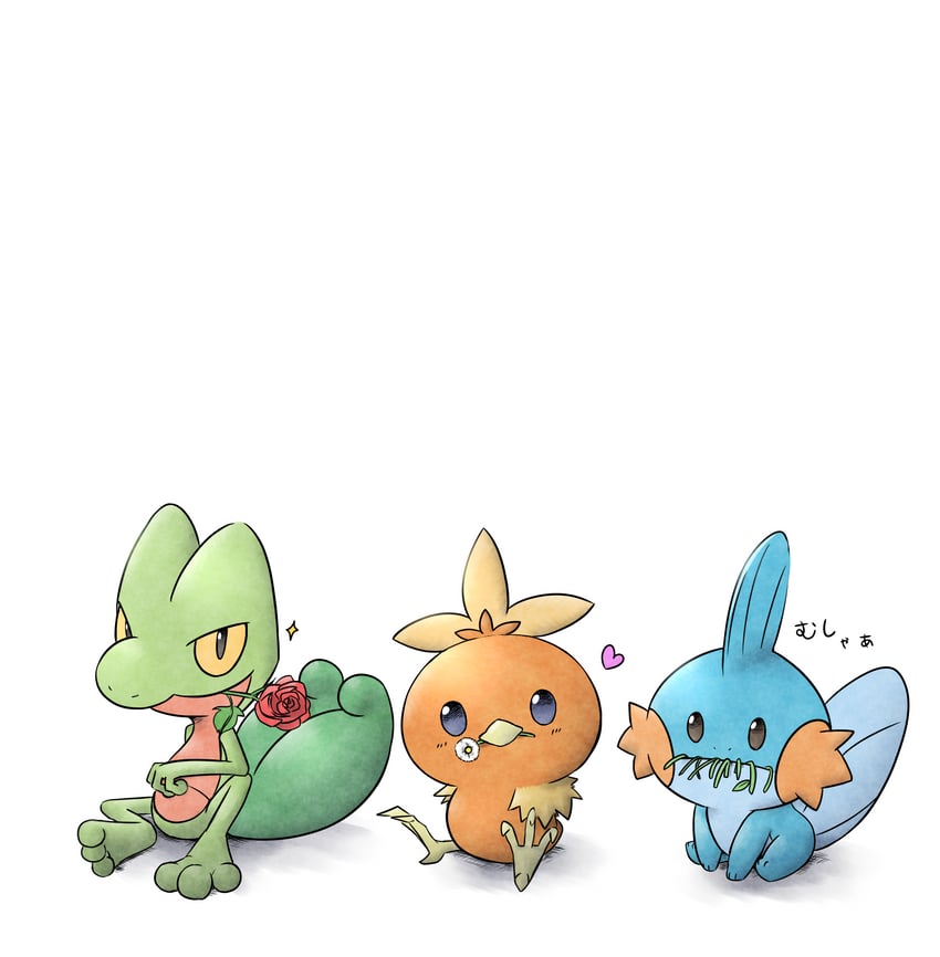 torchic, mudkip, and treecko (pokemon) drawn by kashiwa_(3920kashiwa)