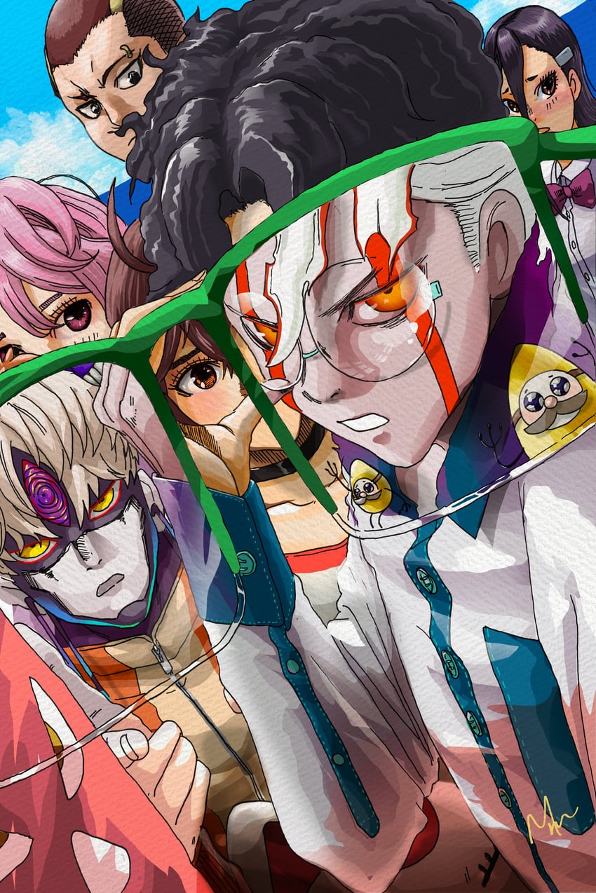 ayase momo, takakura ken, shiratori aira, enjoji jin, evil eye, and 2 more (dandadan) drawn by d_design_oku