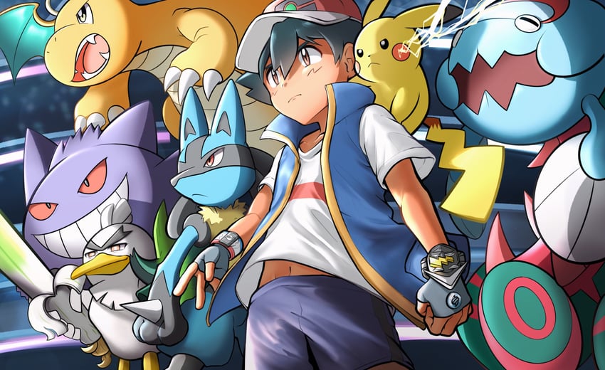 pikachu, ash ketchum, lucario, gengar, dragonite, and 2 more (pokemon and 1 more) drawn by zou_jiang