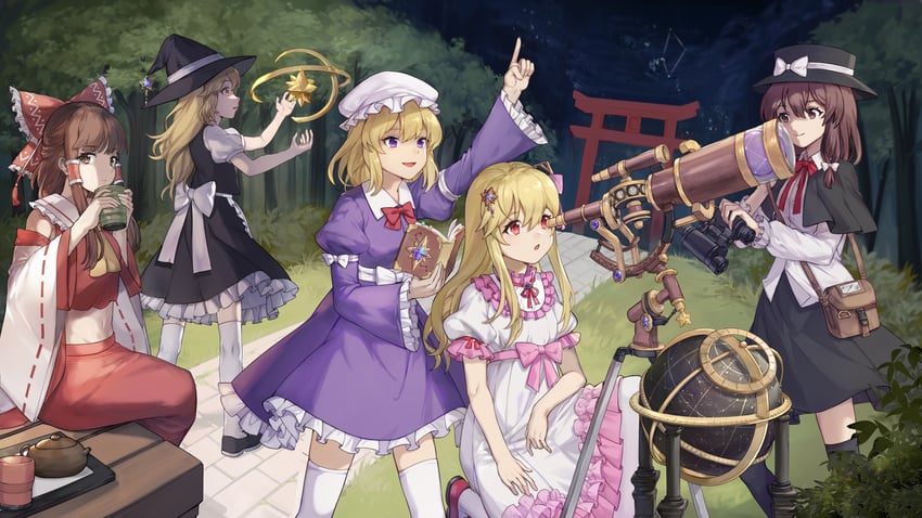 hakurei reimu, kirisame marisa, usami renko, maribel hearn, and keisenko (original and 1 more) drawn by rhachen