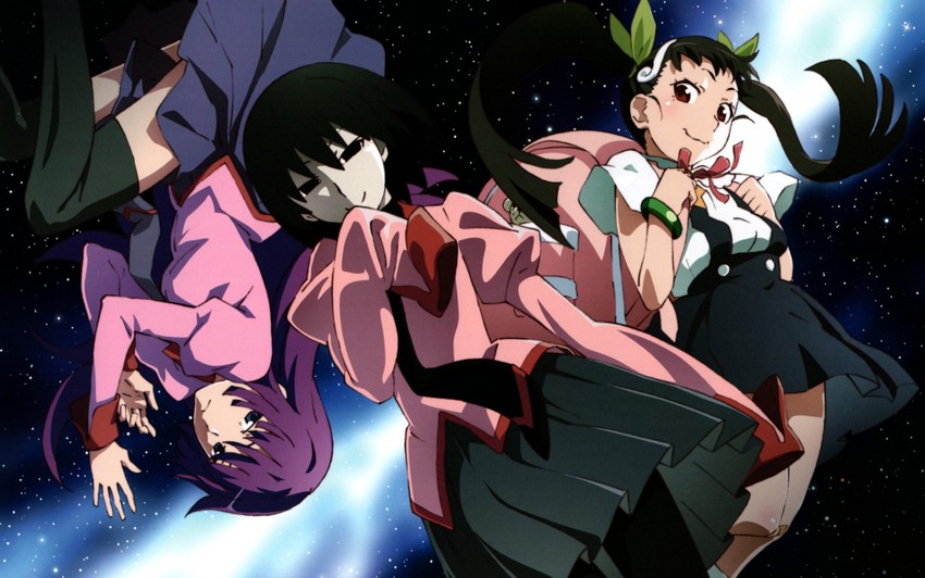 senjougahara hitagi, hachikuji mayoi, and oshino ougi (monogatari) drawn by yokoya_kenta