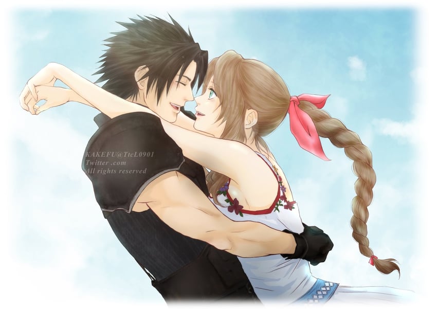 aerith gainsborough and zack fair (final fantasy and 2 more) drawn by kakefu