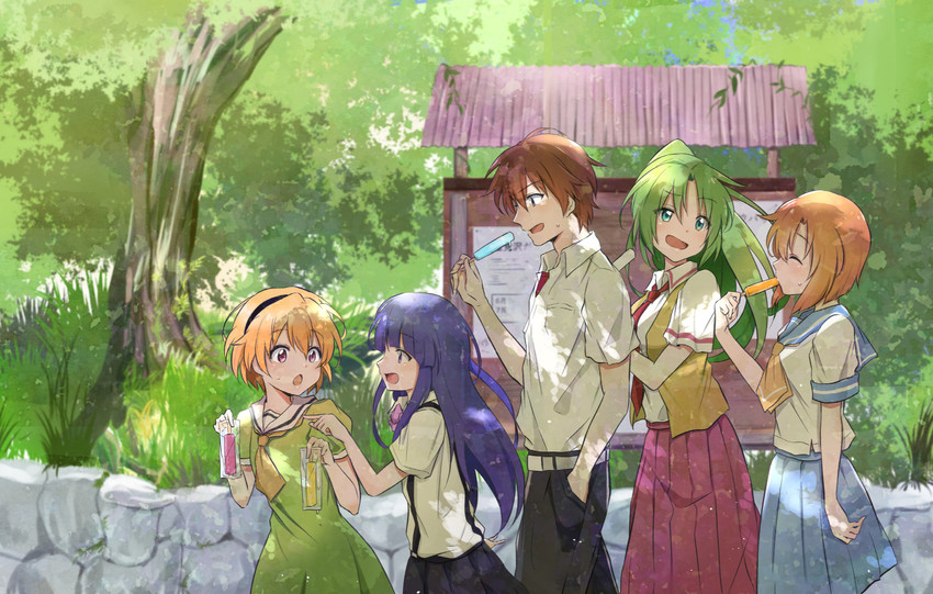 furude rika, ryuuguu rena, houjou satoko, sonozaki mion, and maebara keiichi (higurashi no naku koro ni) drawn by shosudo