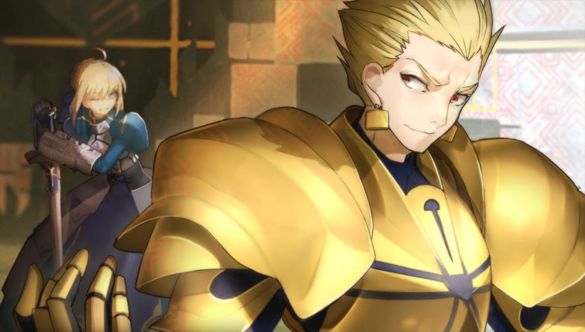 artoria pendragon, saber, and gilgamesh (fate and 3 more) drawn by wada_arco