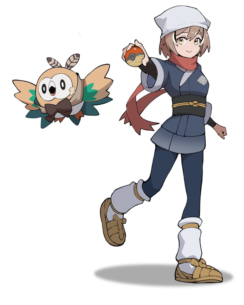 nanashi mumei, akari, and rowlet (pokemon and 3 more) drawn by jon_eve