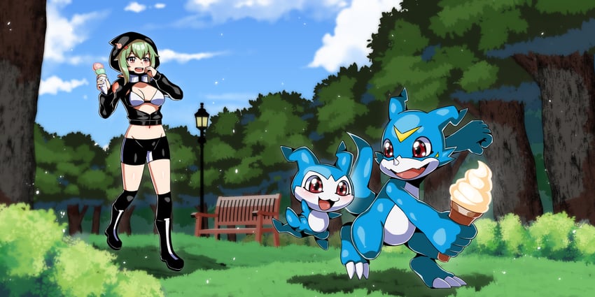 v-mon, shinomiya rina, and chibimon (digimon and 1 more) drawn by diti_(selecta)