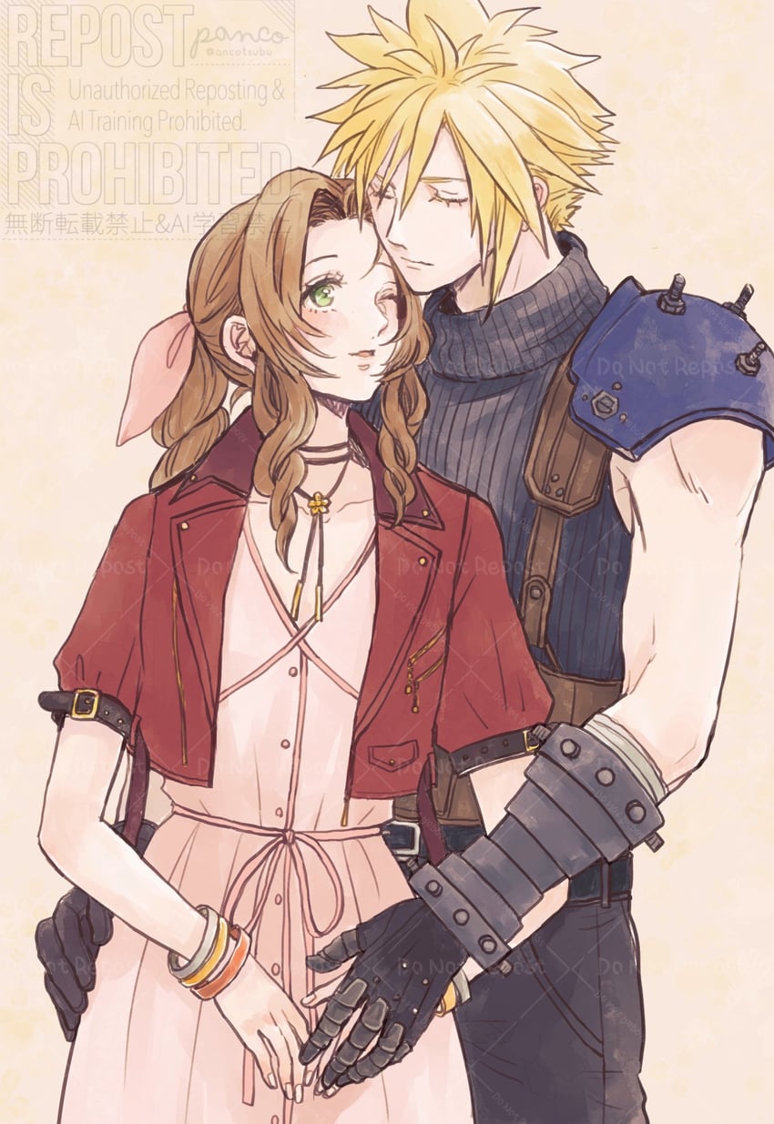 cloud strife and aerith gainsborough (final fantasy and 2 more) drawn by ancotsubu