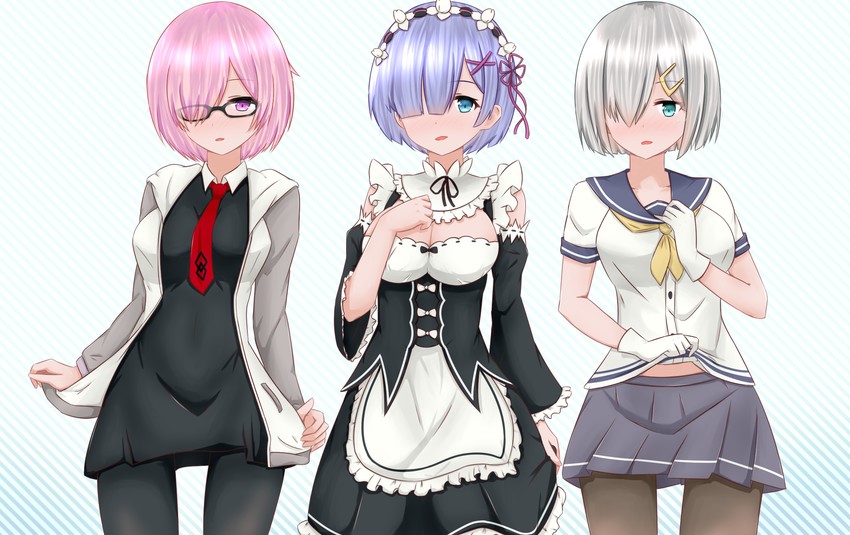 mash kyrielight, hamakaze, and rem (kantai collection and 3 more) drawn by yuujoduelist