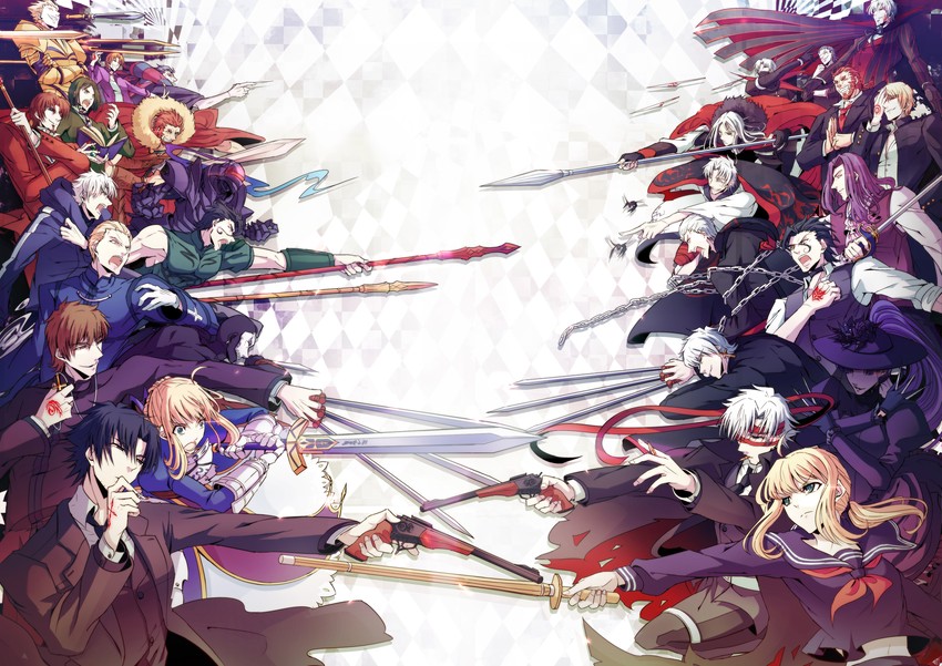 artoria pendragon, saber, gilgamesh, kotomine kirei, iskandar, and 11 more (fate and 3 more) drawn by yukihime_(mofumofu2225)