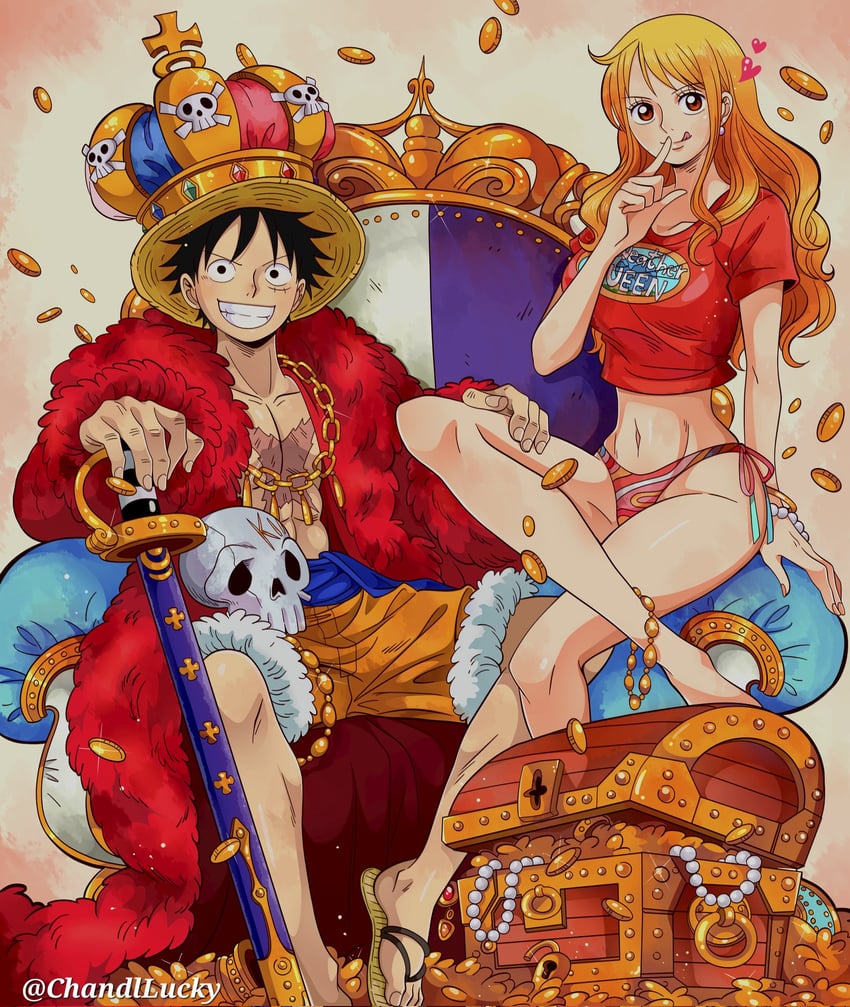 nami and monkey d. luffy (one piece) drawn by chandllucky