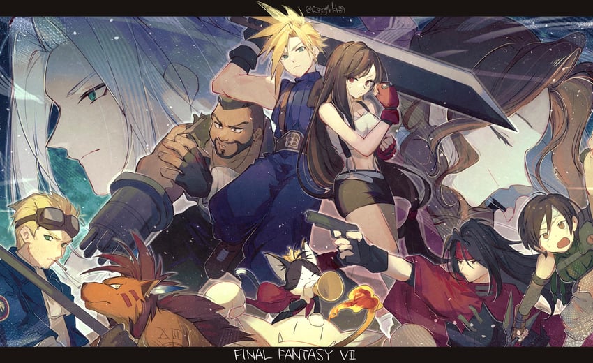 tifa lockhart, cloud strife, aerith gainsborough, sephiroth, yuffie kisaragi, and 6 more (final fantasy and 1 more) drawn by hanaon