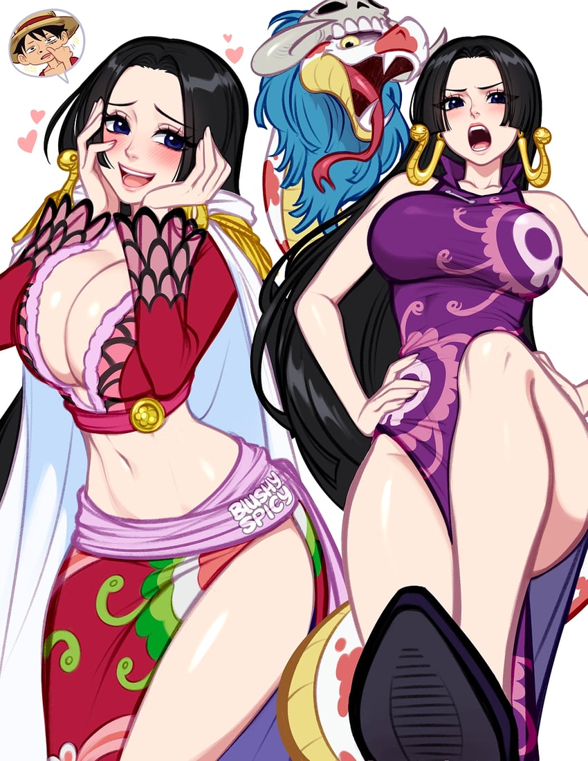 monkey d. luffy, boa hancock, and salome (one piece) drawn by blushyspicy