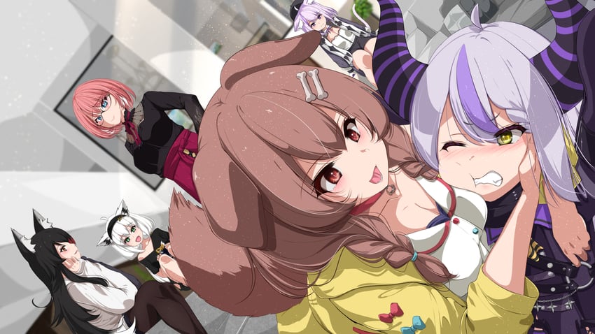 shirakami fubuki, nekomata okayu, ookami mio, inugami korone, la+ darknesss, and 1 more (hololive) drawn by hiro_(phese)