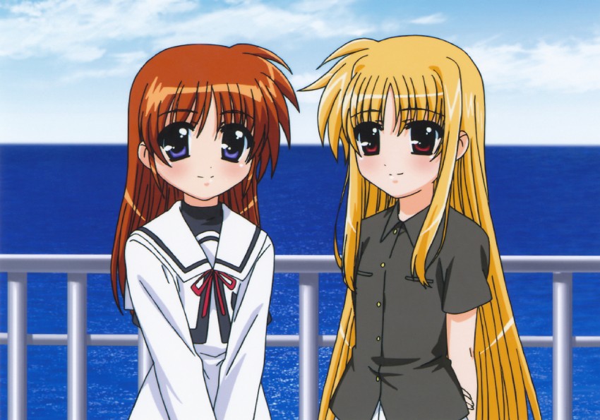 fate testarossa and takamachi nanoha (lyrical nanoha and 2 more) drawn by okuda_yasuhiro