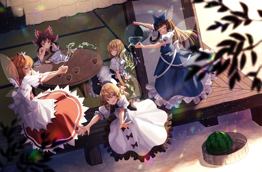 hakurei reimu, kirisame marisa, star sapphire, luna child, and sunny milk (touhou) drawn by nettian51