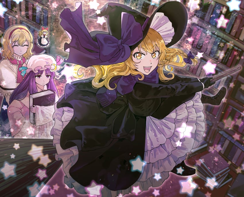 kirisame marisa, alice margatroid, patchouli knowledge, and shanghai doll (touhou and 1 more) drawn by jam1risa
