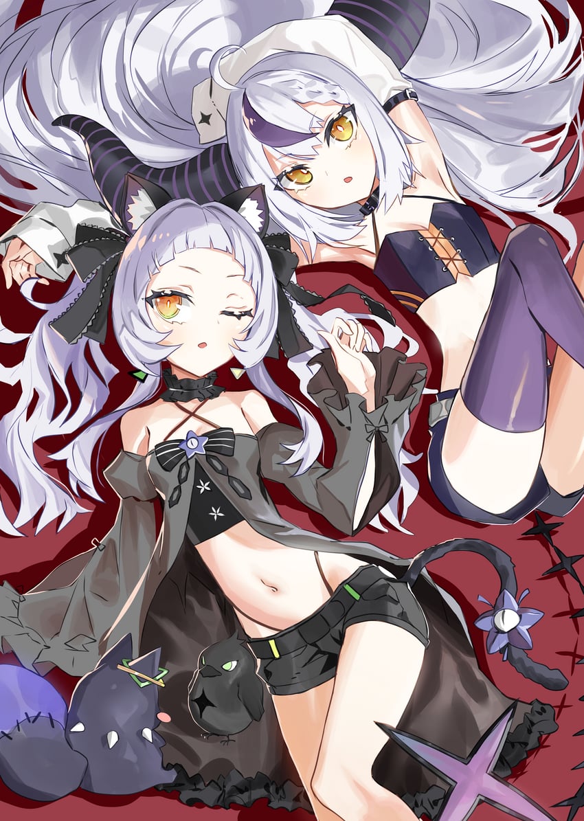 murasaki shion, la+ darknesss, crow, and shiokko (hololive) drawn by ryoma_(rym_369)