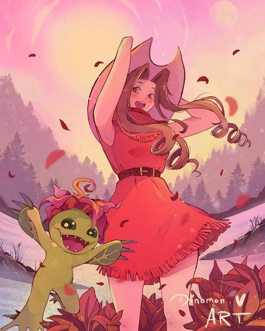 tachikawa mimi and palmon (digimon and 1 more) drawn by dinomonart