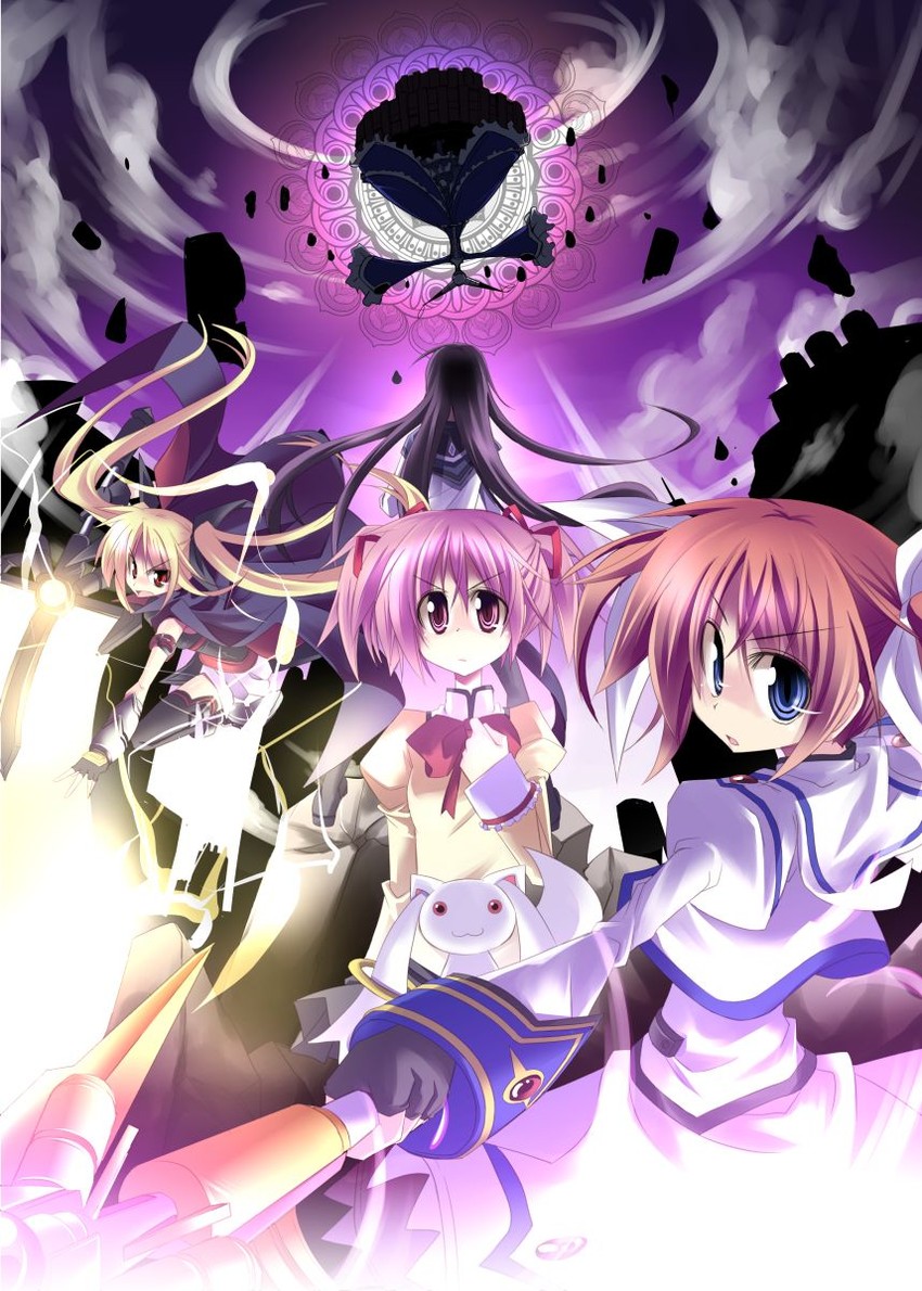 akemi homura, kaname madoka, fate testarossa, kyubey, takamachi nanoha, and 3 more (mahou shoujo madoka magica and 3 more) drawn by kazekawa_nagi