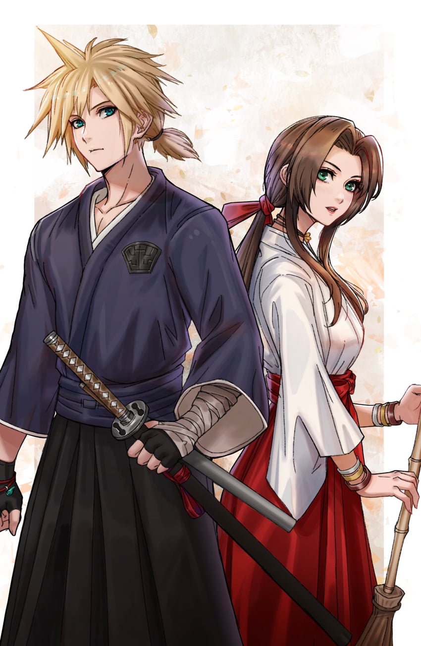 cloud strife and aerith gainsborough (final fantasy and 3 more) drawn by lukrevadraws