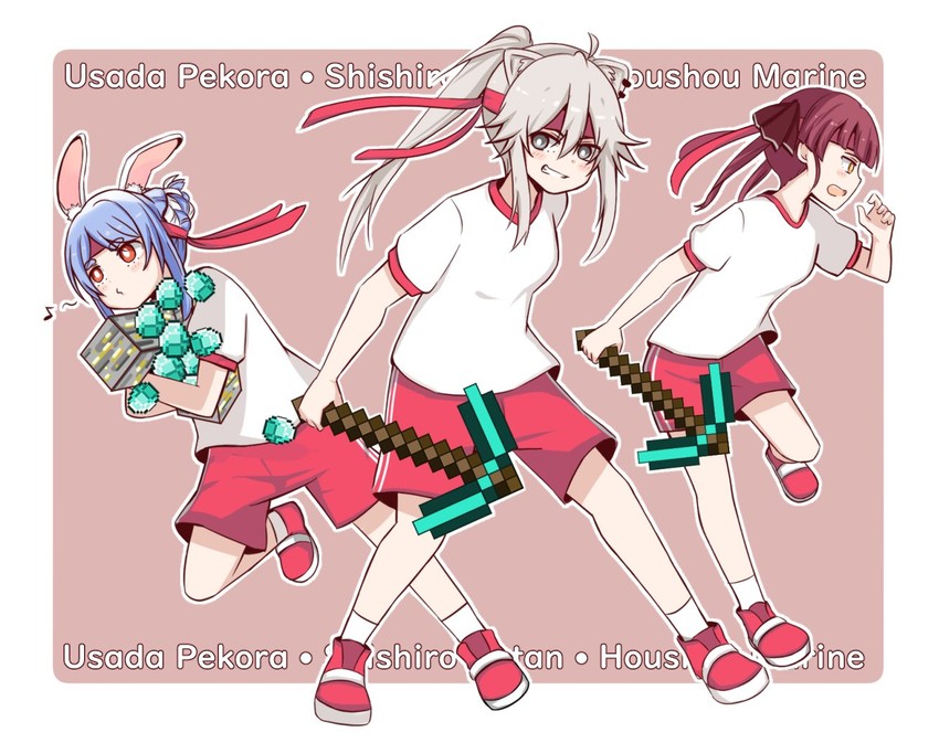 houshou marine, usada pekora, and shishiro botan (hololive and 1 more) drawn by meatloaf