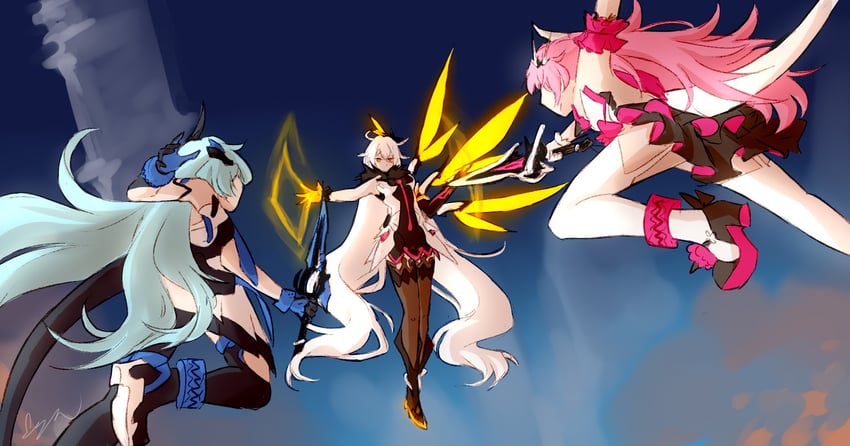 kiana kaslana, rozaliya olenyeva, and liliya olenyeva (genshin impact and 3 more) drawn by cloud_ya