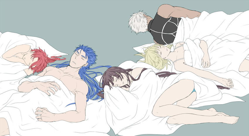 artoria pendragon, saber, cu chulainn, archer, ushiwakamaru, and 1 more (fate and 2 more) drawn by ooka_(rkyu)