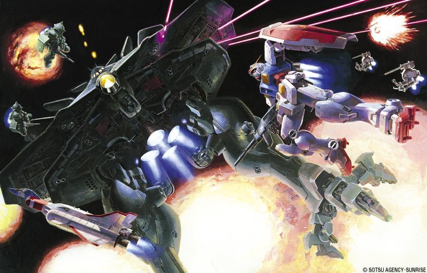 rx-78-2 gundam, zaku ii, zaku ii f/j, core fighter, ball, and 2 more (gundam and 1 more) drawn by katoki_hajime