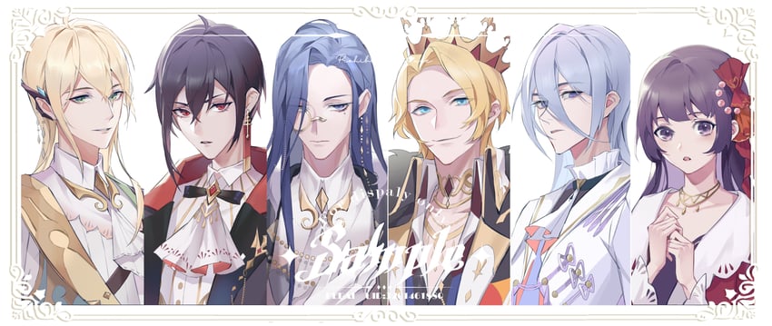 alkaid mcgrath, cael anselm, ayn alwyn, lars rorschach, heroine, and 1 more (lovebrush chronicles) drawn by bebai