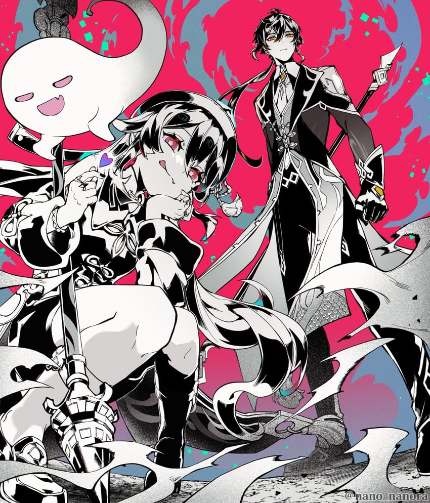 hu tao, zhongli, and boo tao (genshin impact) drawn by nanora_(sero4)