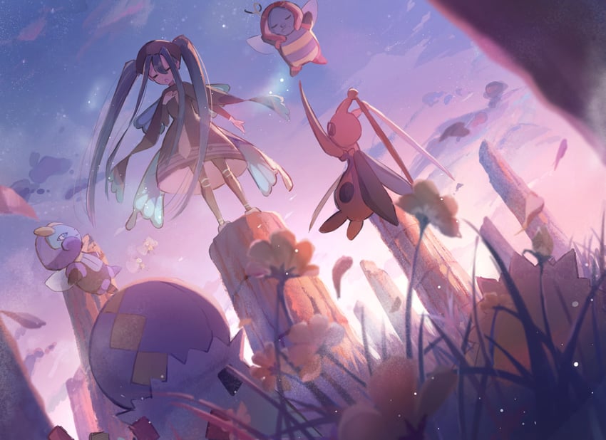 hatsune miku, ribombee, bug miku, kricketune, volbeat, and 2 more (pokemon and 2 more) drawn by anzu_(v0_0v_o0)