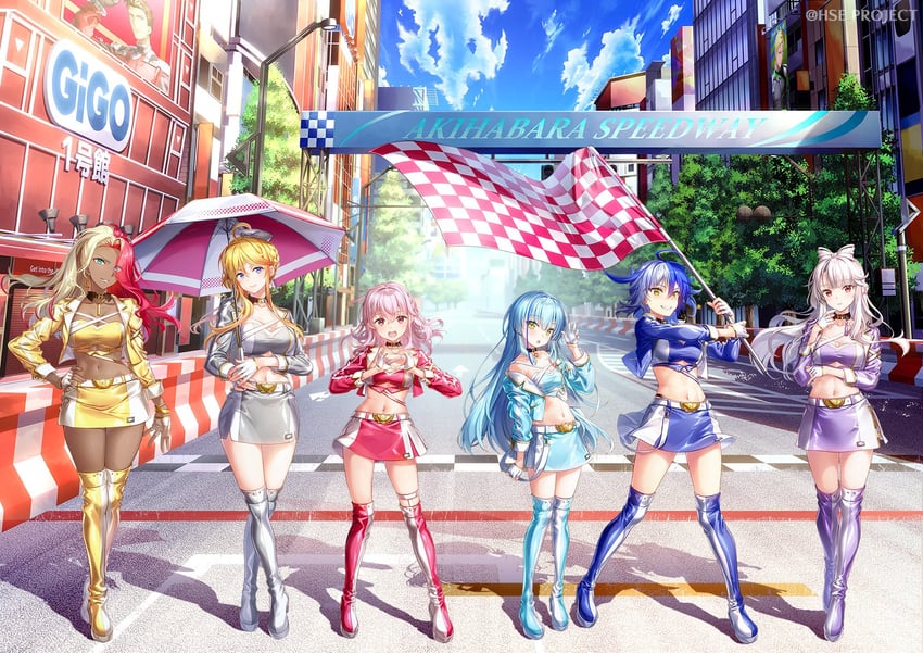 rindo rin, komachi towa, asakawa kanata, sophia b tokitou, liu youran, and 1 more (highspeed etoile) drawn by fujima_takuya